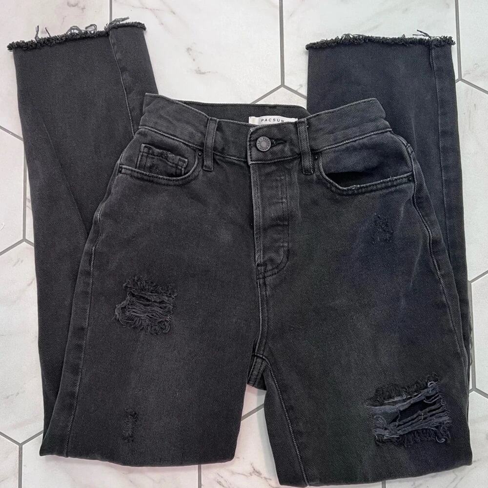 PacSun High Rise Straight Buttonfly Black Distressed Jeans Size 22